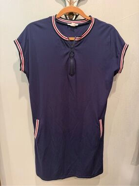 Navy Short-Sleeve Zip Tunic with Contrast Trim